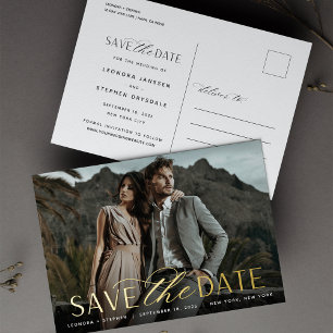 Carte Postale D'invitation À Feuilles D'aluminium Script lisse   Mariage photo Enregistrer la date