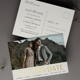 Carte Postale D'invitation À Feuilles D'aluminium Script lisse Mariage photo Enregistrer la date