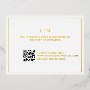 Carte Postale D'invitation À Feuilles D'aluminium Simple Monogramme QR Code Mariage élégant RSVP