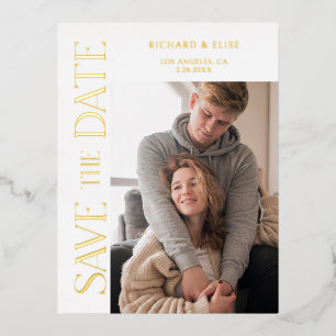 Carte Postale D'invitation À Feuilles D'aluminium Simply Elegant Typography Photo Enregistrer la dat