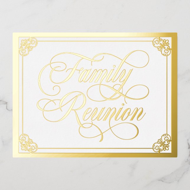 Carte Postale D'invitation À Feuilles D'aluminium Tourbillonnant Ornat Famille de Réunion Or (Recto)