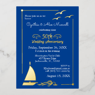 Carte Postale D'invitation À Feuilles D'aluminium Voilier 50e anniversaire Mariage or