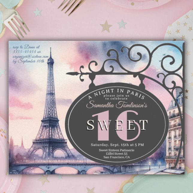 Carte postale d'invitation d'anniversaire 16 ans T (Sweet 16, Paris themed invitation
)