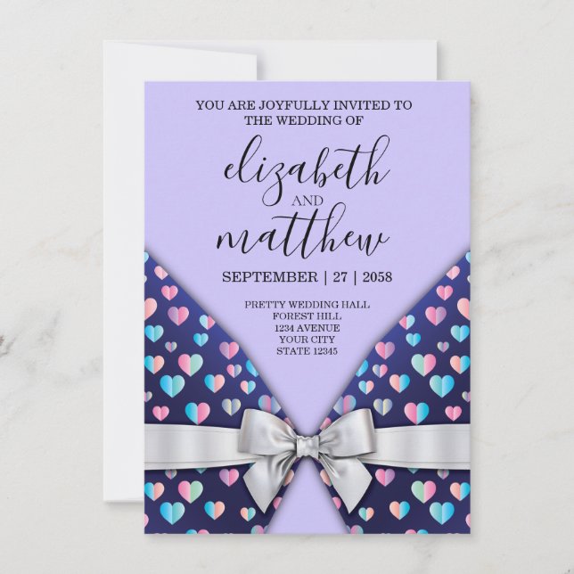 Carte postale d'invitation élégante ruban et coeur (Devant)