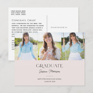 Carte Postale Diplômé Minimaliste Rouge à Joues Rose 3-Photos Gr