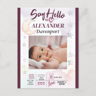 Carte Postale Dis bonjour au nouveau bébé. Texte et pic modifiab