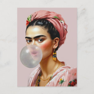 Carte Postale Diva avec foulard floral soufflant bulle gomme