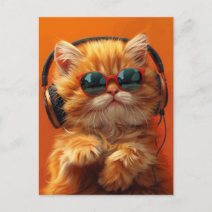 Carte Postale DJ Whiskers - Drôle Orange Chat avec casque