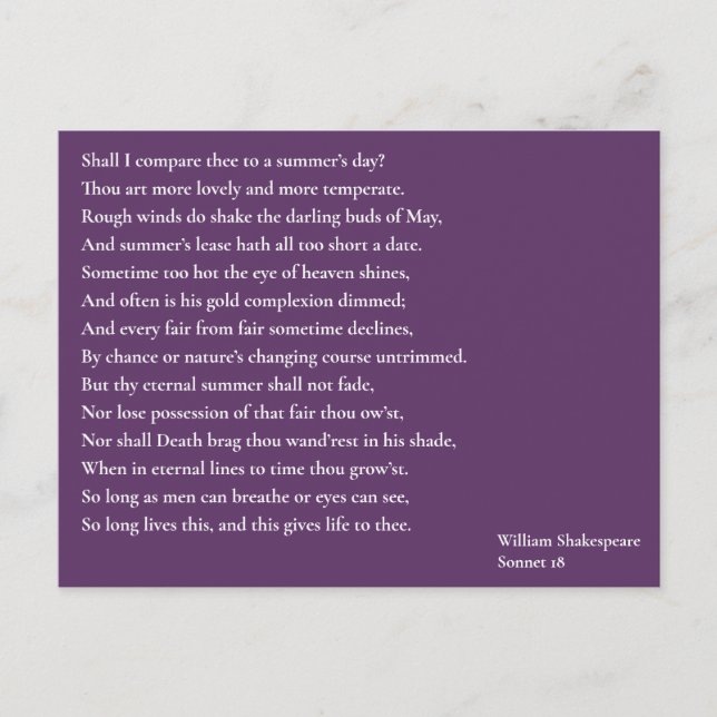 Carte Postale Dois-je te comparer à un jour d'été ? sonnet 18 (Devant)