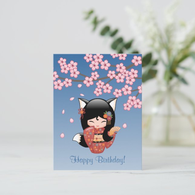 Carte Postale Doll de Kitsune Kokeshi - Anniversaire de la Geish (Debout devant)