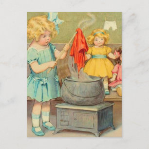 Carte Postale Dolly Lave fille Vintage Jouer Poupées mignonne
