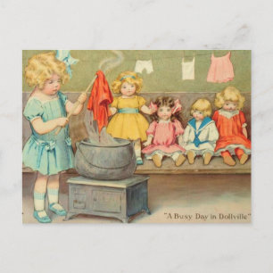Carte Postale Dolly Lave fille Vintage Jouer Poupées mignonne