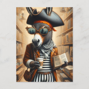 Carte Postale Donkey Pirate avec livre et café