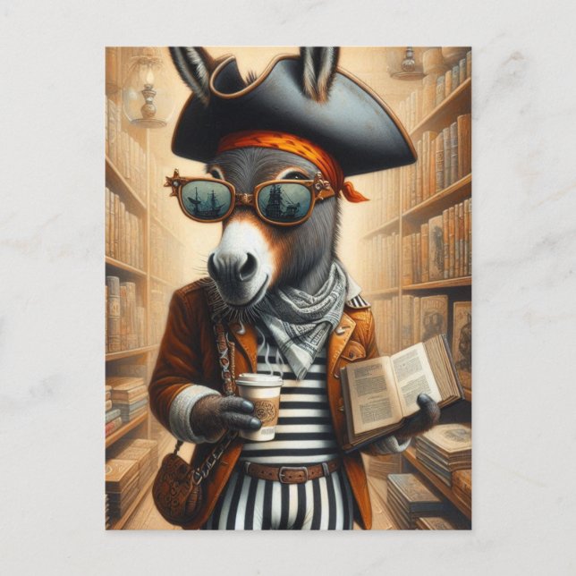 Carte Postale Donkey Pirate avec livre et café (Devant)