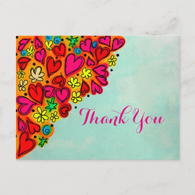 Carte Postale Doodle à la main Coeur et Fleurs Merci (Devant)