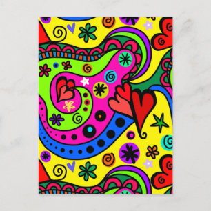 Carte Postale Doodle Abstrait coloré Coeurs et fleurs