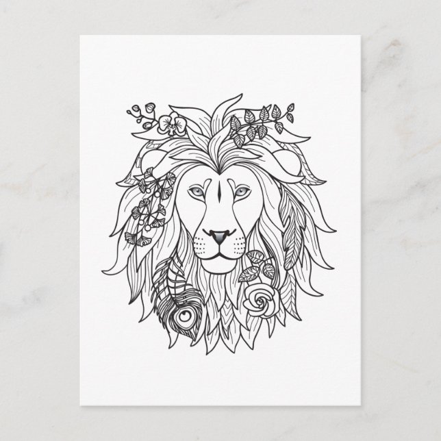 Carte Postale Doodle Lion Et Fleurs (Devant)