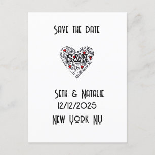 Carte Postale doodle tendance coeur amour sauver la date