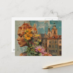 Carte Postale Double Exposition Dame aux fleurs et bâtiments