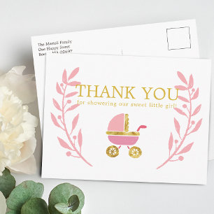 Carte Postale Douce Baby Shower Merci Carrosse Rose Or