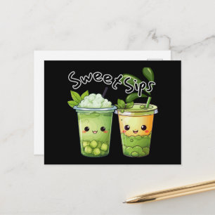 Carte Postale Douces Gorgées Kawaii Duo de Bubble Tea