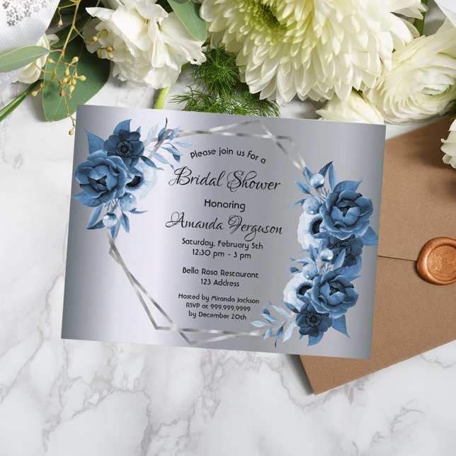 Carte Postale Douche nuptiale bleu marine florales argent invita (Créateur téléchargé)