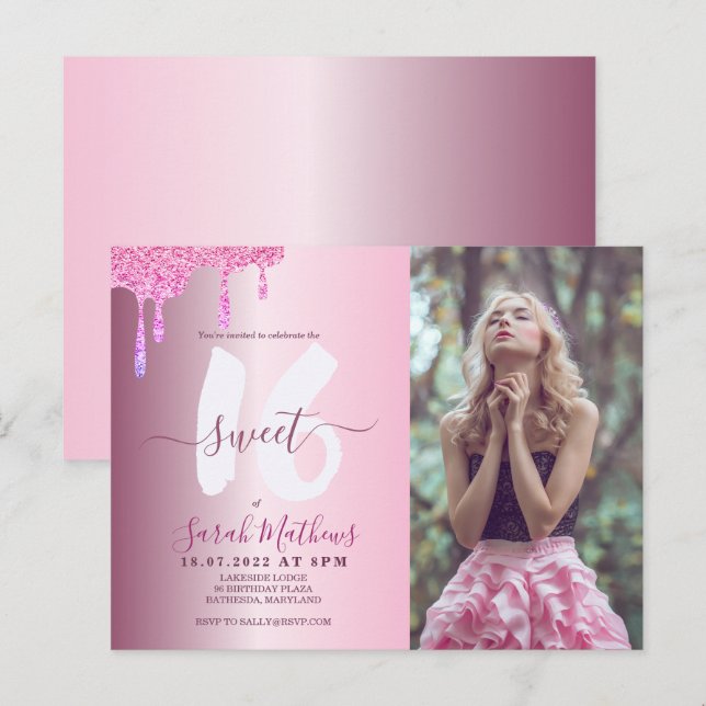 Carte Postale Doux 16 Parties scintillant de la photo rose rose  (Devant / Derrière)