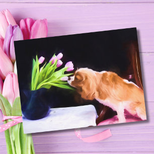 Carte Postale Doux Cavalier King Charles & Tulipes roses