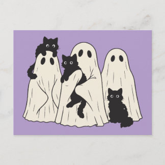 Carte Postale Doux fantômes de feuille et chats noirs Halloween