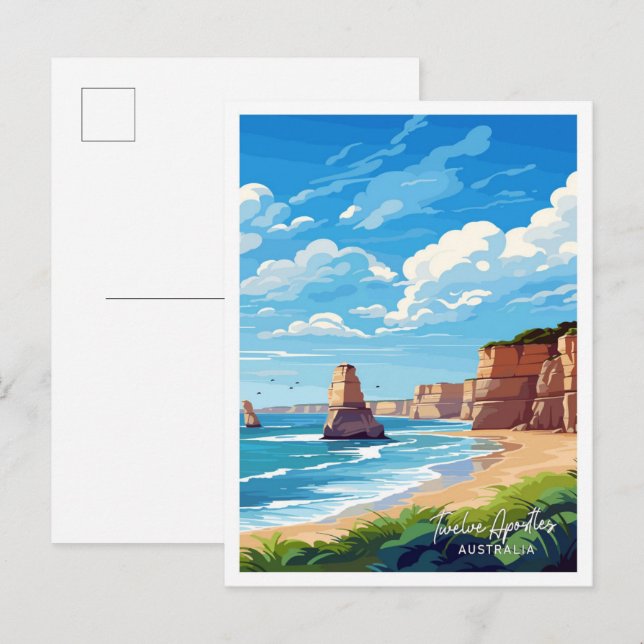 Carte Postale Douze Apôtres Australie Art Travel illustration (Devant / Derrière)