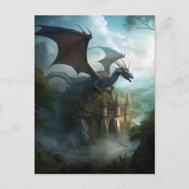 Carte Postale Dragon And Castle Imaginaire Art (Devant)