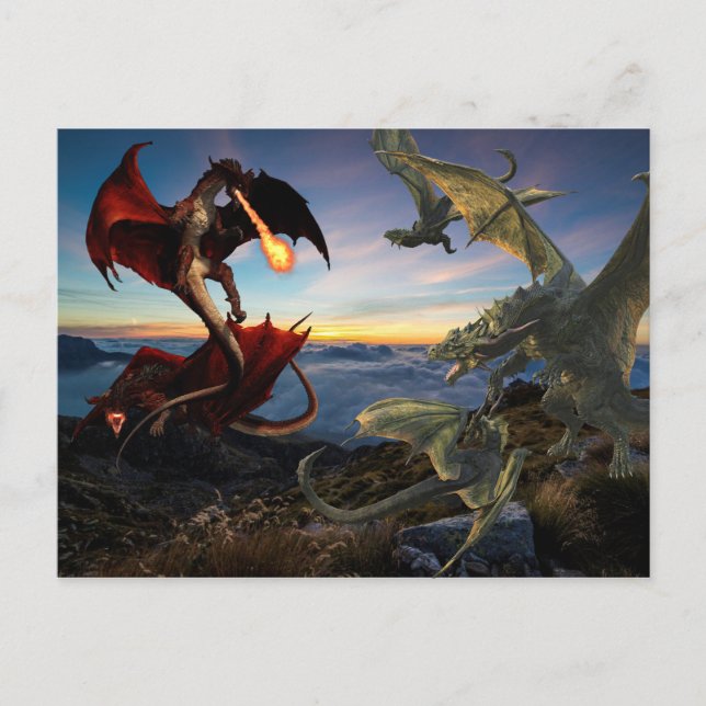 Carte Postale Dragon Battle Red Vs Green Fight Imaginaire (Devant)