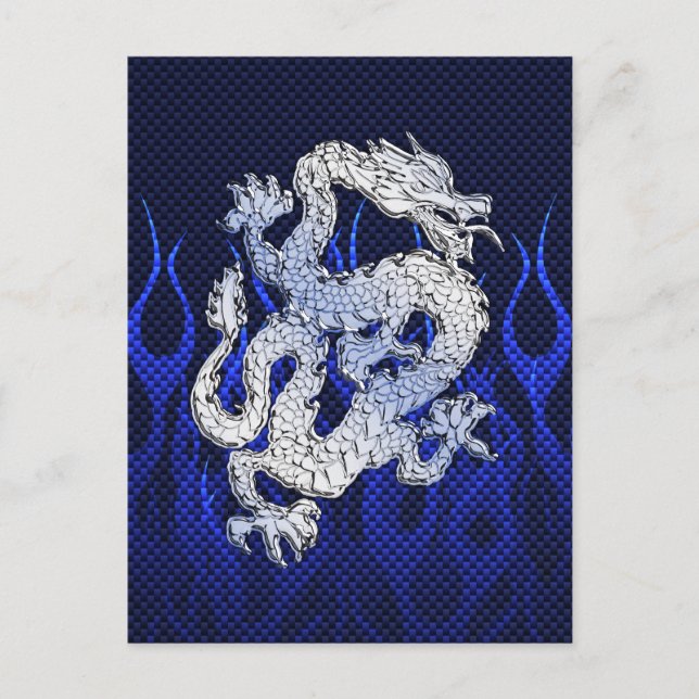 Carte Postale Dragon Bleu dans Chrome Carbon course flammes (Devant)