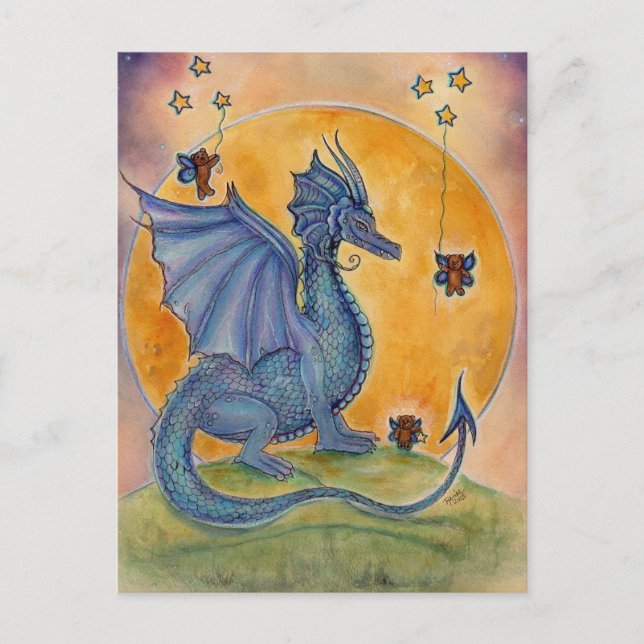 Carte Postale Dragon bleu mignon avec ours et étoiles (Devant)