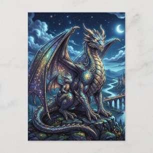 Carte Postale Dragon céleste éclairé par la lune et château de f