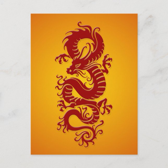 Carte Postale Dragon chinois tribal rouge et jaune (Devant)