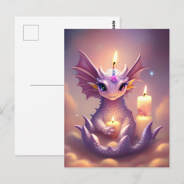Carte Postale Dragon d'Imaginaire aux bougies d'anniversaire (Devant / Derrière)