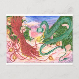 Carte Postale Dragon et Phénix du coucher de soleil forestier