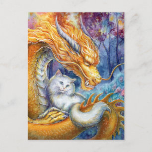 Carte Postale Dragon Feu et Chat Blanc dans une Forêt Mystique