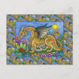 CARTE POSTALE DRAGON MÉDIÉVAL & JEUNE, JARDIN D'ART FOLK COLORÉ