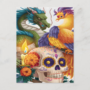 Carte Postale Dragon, Phoenix, Et Jour Du Crâne Des Morts
