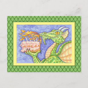 CARTE POSTALE DRAGON QUI RESPIRE LE FEU ALLUMANT LES BOUGIES D'A