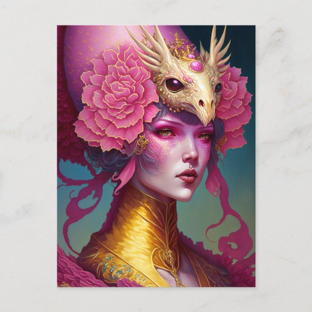 Carte Postale Dragon rose Crâne Femme Imaginaire Art (Devant)