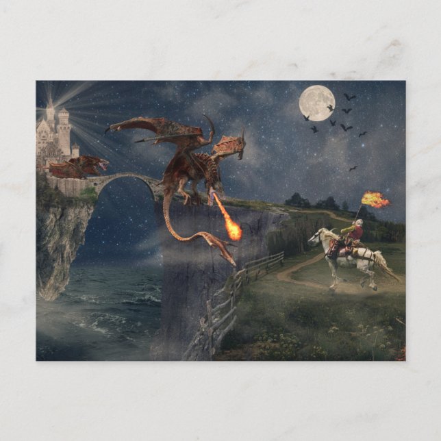 Carte Postale Dragon Wyvren rouge contre Chevalier (Devant)
