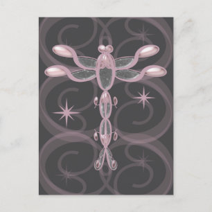 Carte Postale Dragonfly rose, gris, en verre avec étoiles