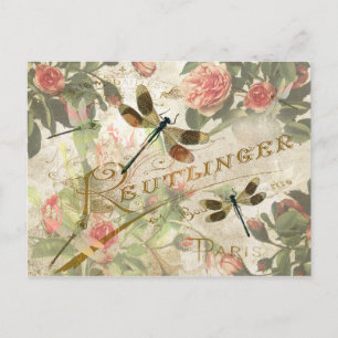 Carte Postale Dragonfly vintage et Roses