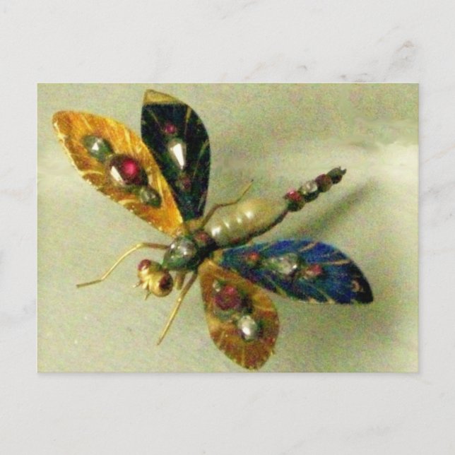 CARTE POSTALE DRAGONFLYE EN OR ANTIQUE AVEC JOYAU ET PIERRES PRÉ (Devant)