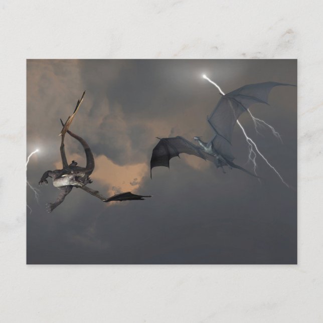 Carte Postale Dragons combattant dans les nuages tempétueux (Devant)