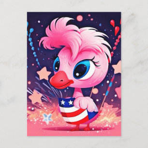 Carte Postale Drapeau américain avec Flamant rose Cartoon-69216