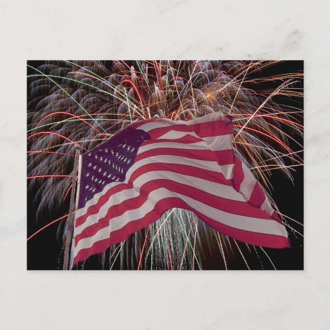 Carte Postale Drapeau américain et feux d'artifice (Devant)